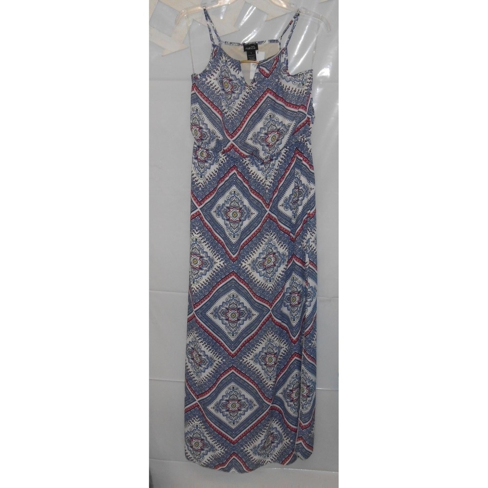 NEW Cute Long Maxi‎ Paisley White Blue Spaghetti strap Small sun Country Dress!